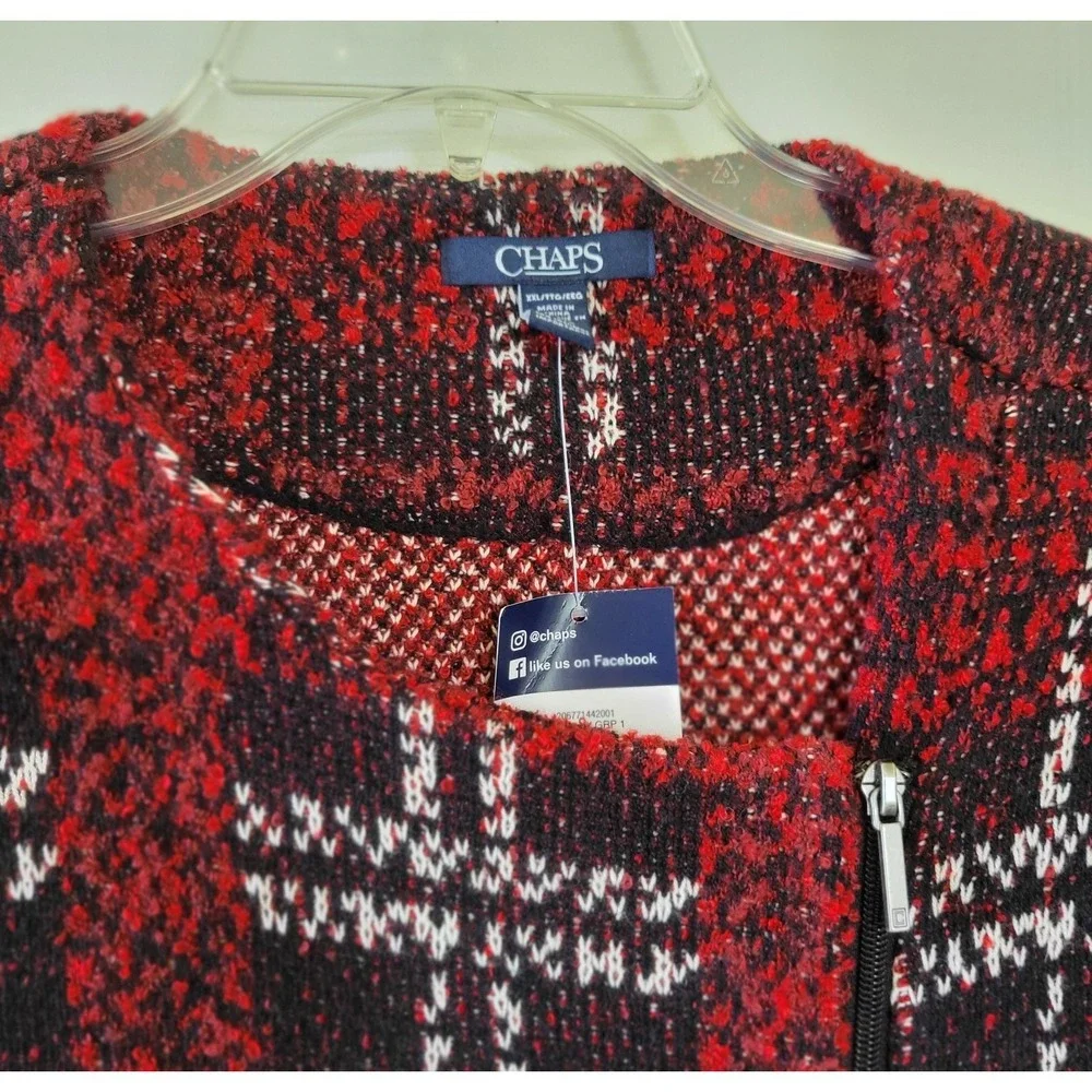 Chaps Womens Sweater Jacket XXL Red‎ Black White Plaid Knit Zip-Up Long Sleeve